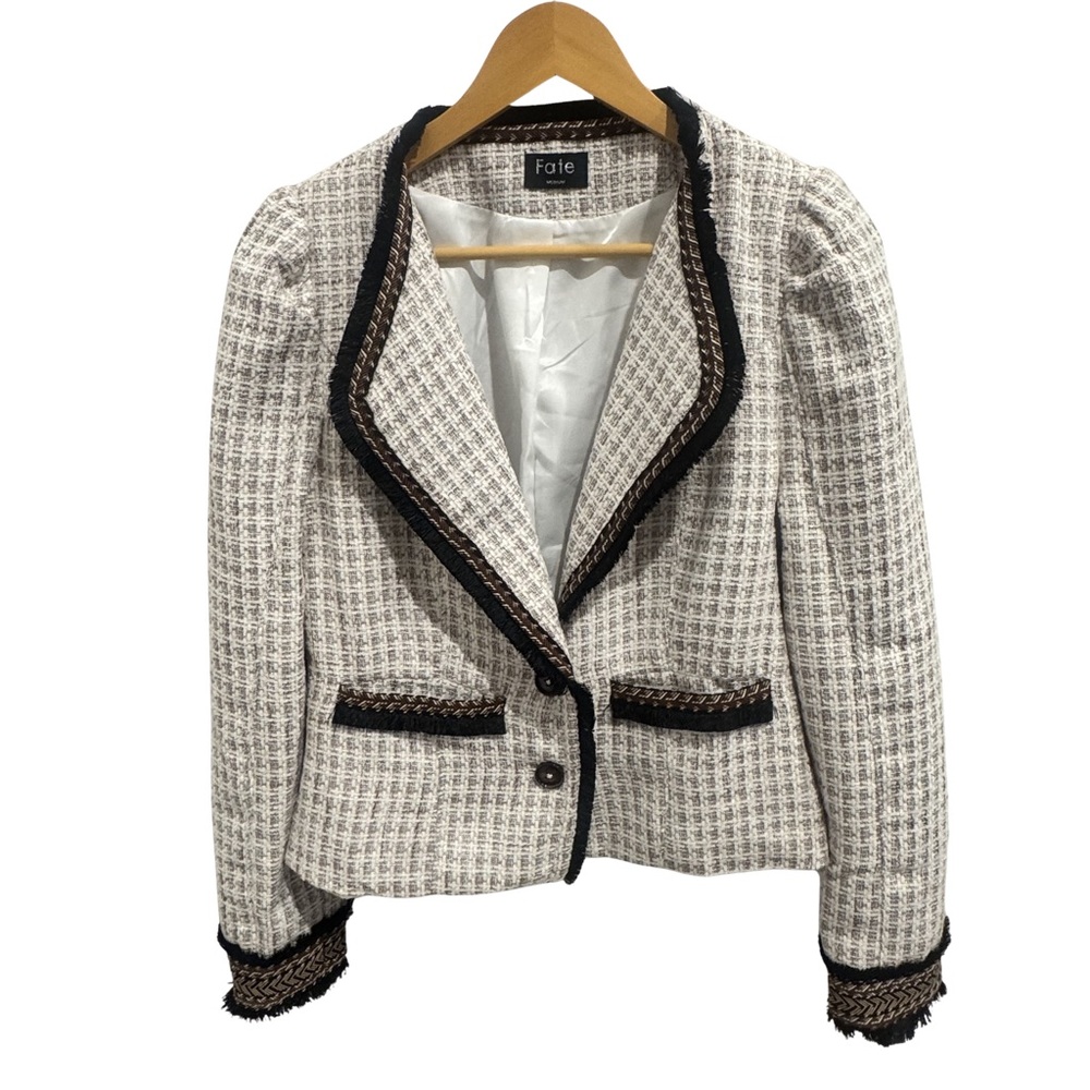 Fate Tweed Blazer Jacket Women Medium Fringe Trim Boucle Cropped Preppy Chic